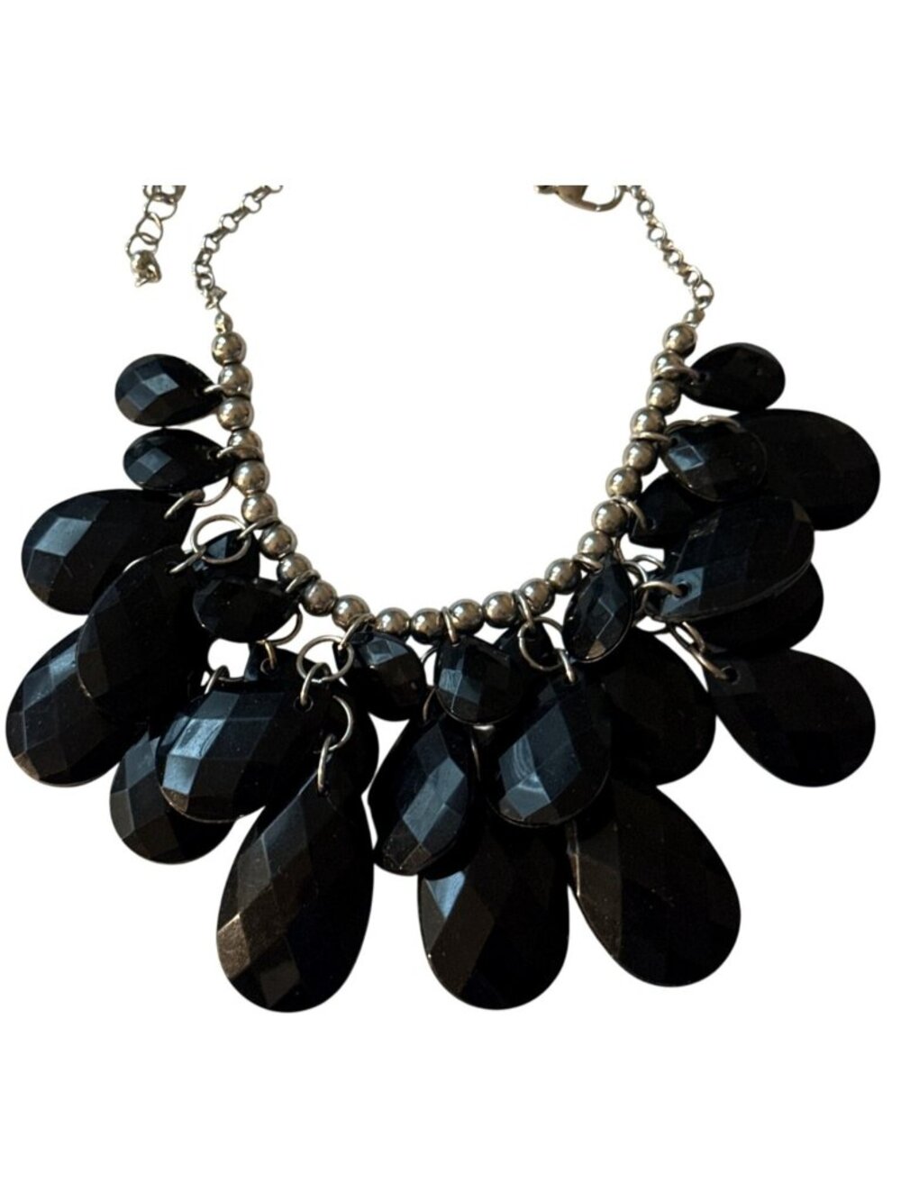 Timeless Black Bead Necklace Bib Faceted Teardrop Tiered Silver Tone Statement